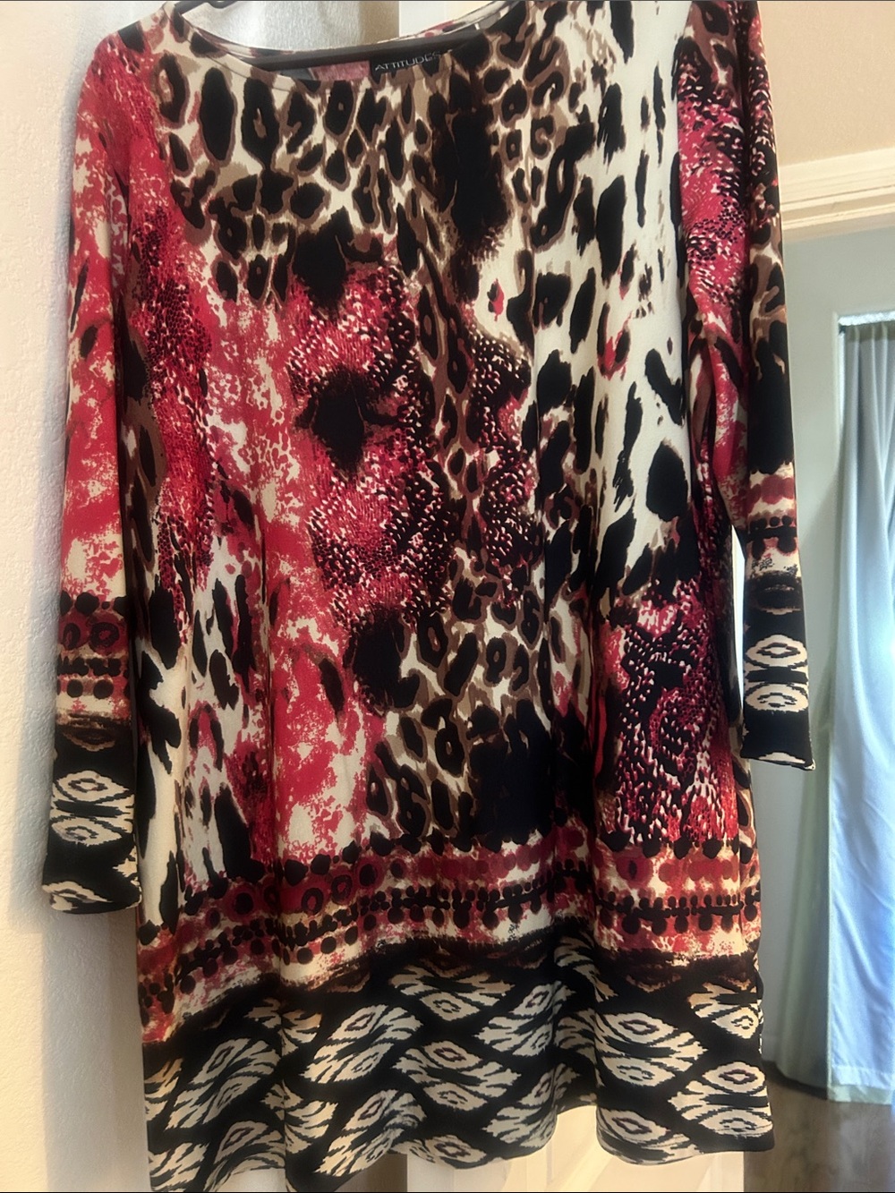 Attitudes by Renee Red Black Cream Animal-Print Tunic